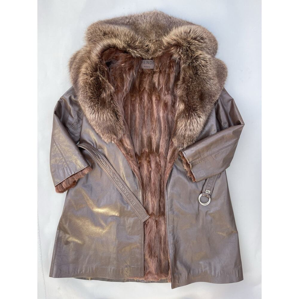 Fendi Fur Full Length Brown Leather Trench Coat With Belt Vintage